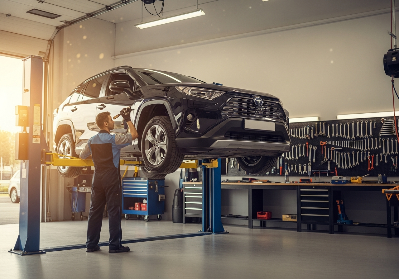 Independent auto repair shop interior with a vehicle on a hydraulic lift