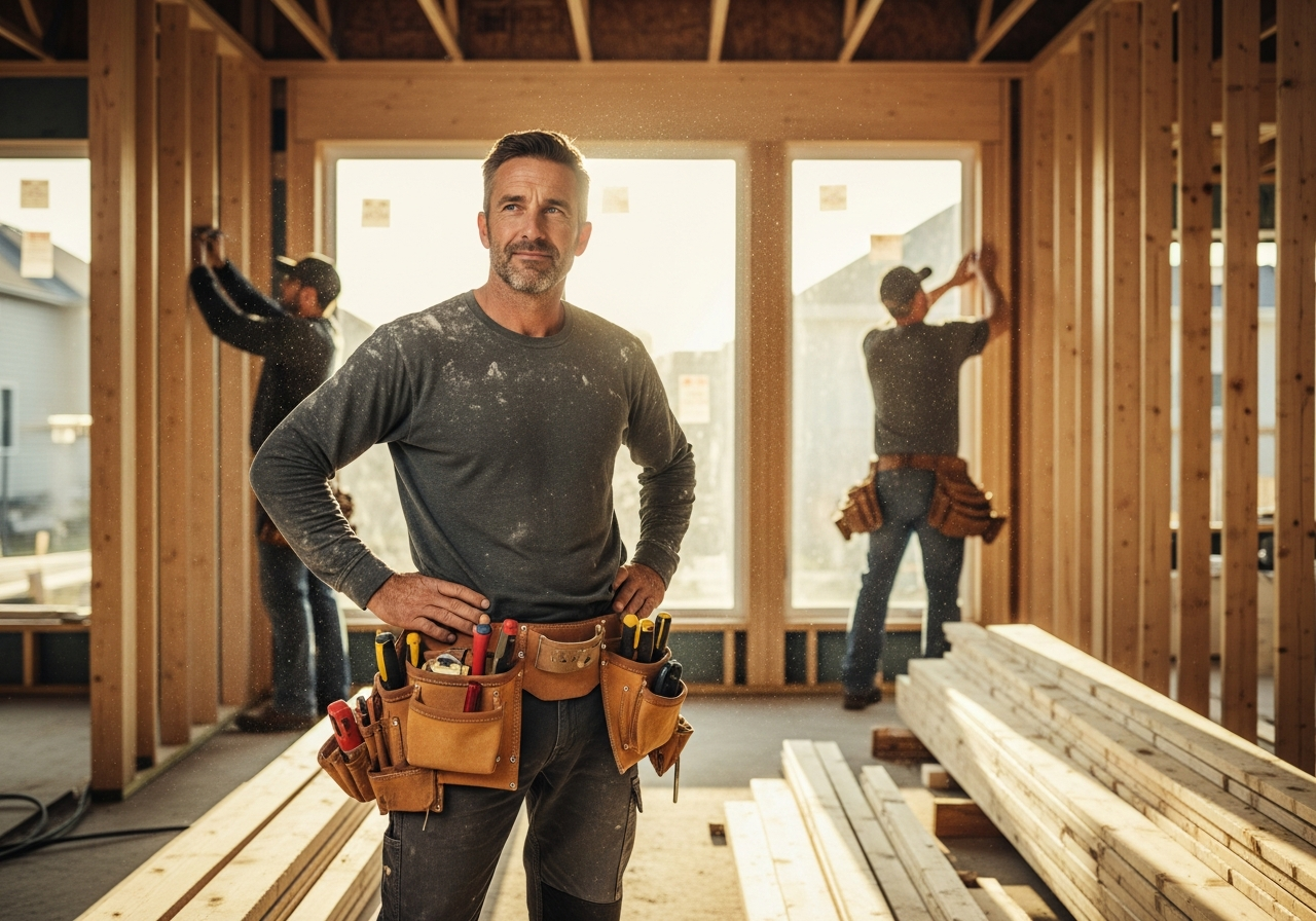 Two contractors framing a wall on a residential remodel job site