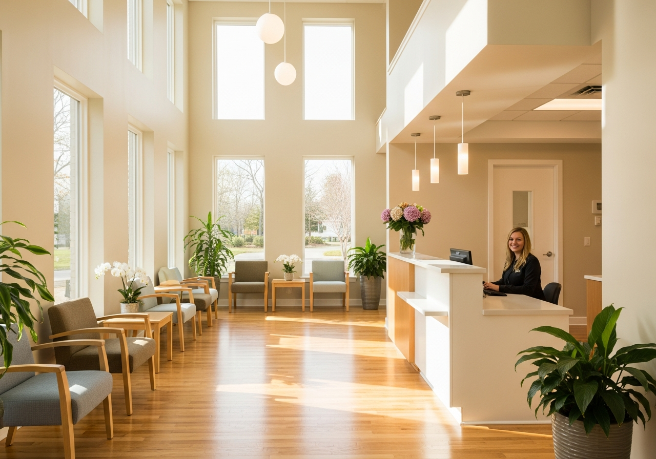 Modern dental clinic reception with light wood floors and indoor plants