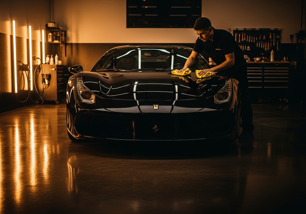 Detail shop bay with a glossy black sports car being hand-buffed