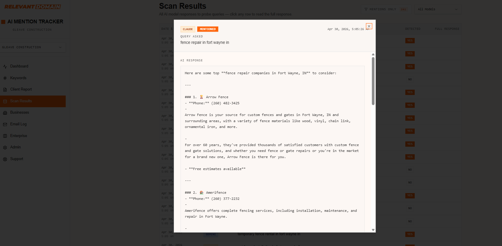 AI Mention Tracker — Detailed Claude response listing fence repair companies in Fort Wayne