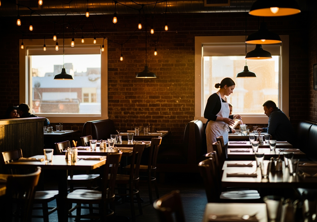 Warm restaurant interior at golden hour with wood tables and Edison bulbs