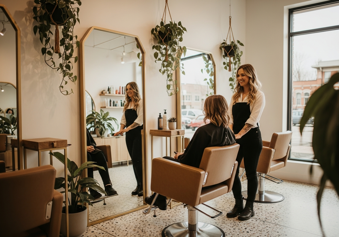 Modern hair salon interior with gold-framed mirrors and indoor plants